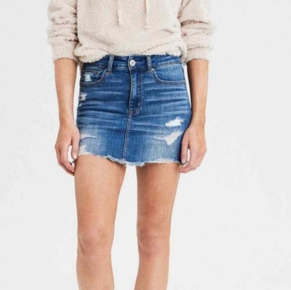 American Eagle Outfitters Dresses & Skirts - American Eagle Medium Wash High Rise Super Stretch Distressed Jean Mini Skirt
